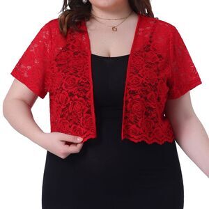 Plus Size Shrug Short Sleeve Lace Open Front Crop Bolero Red